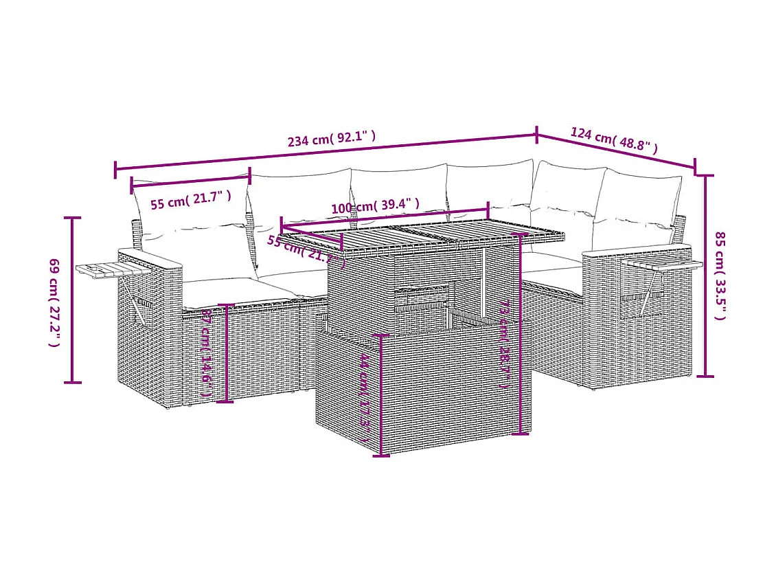 Salon de jardin 6 pcs avec coussins noir résine tressée