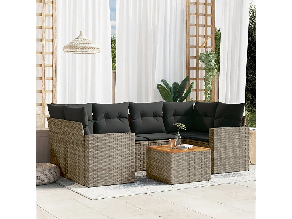 Salon de jardin avec coussins 7 pcs gris résine tressée