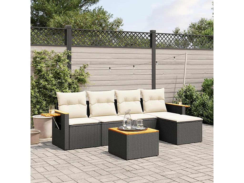 Salon de jardin 6 pcs avec coussins noir résine tressée