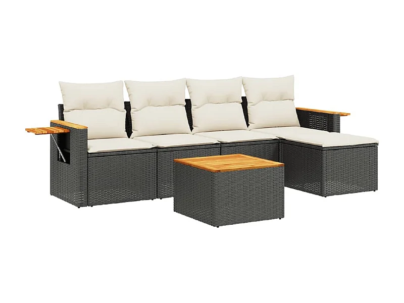 Salon de jardin 6 pcs avec coussins noir résine tressée