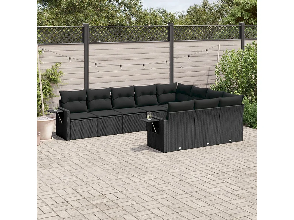 Salon de jardin 10 pcs avec coussins noir résine tressée