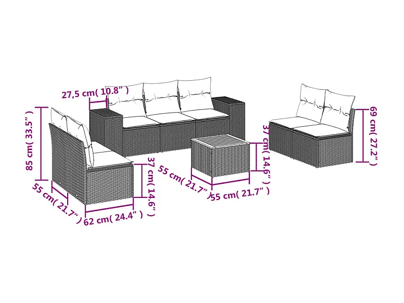 Salon de jardin 8 pcs avec coussins gris résine tressée