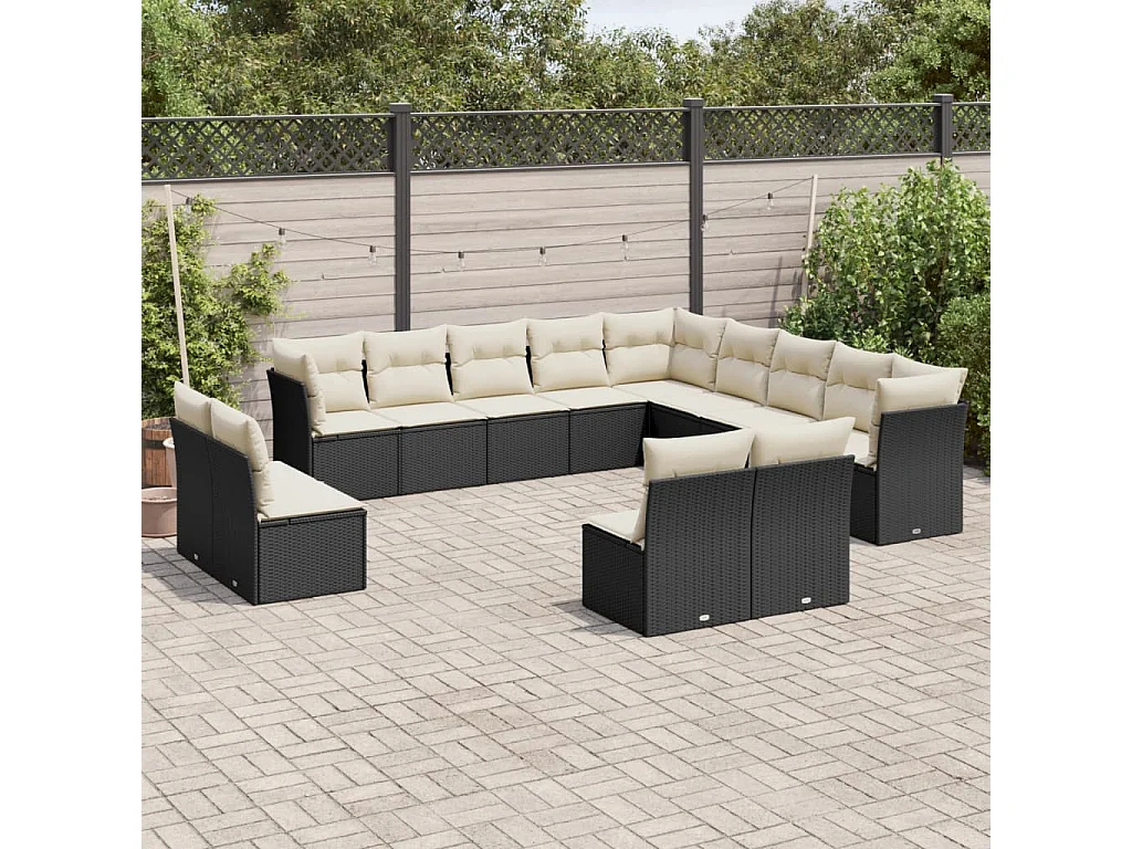 Salon de jardin avec coussins 13 pcs noir résine tressée