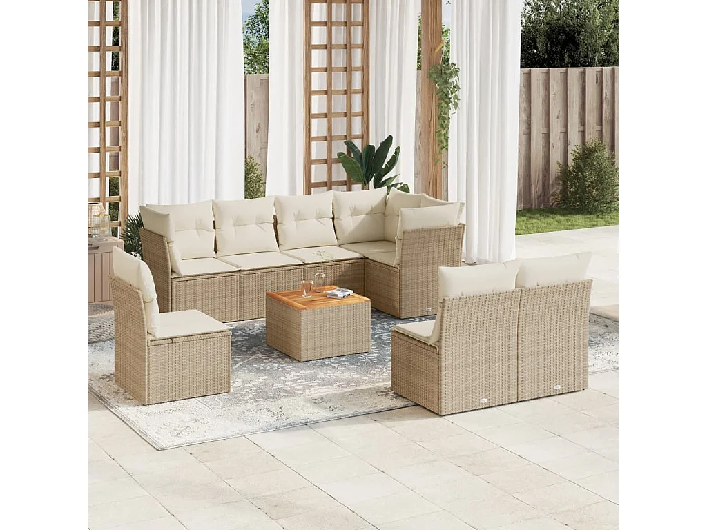 Salon de jardin avec coussins 9 pcs beige résine tressée