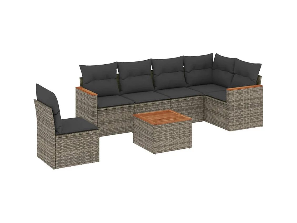 Salon de jardin avec coussins 7 pcs gris résine tressée