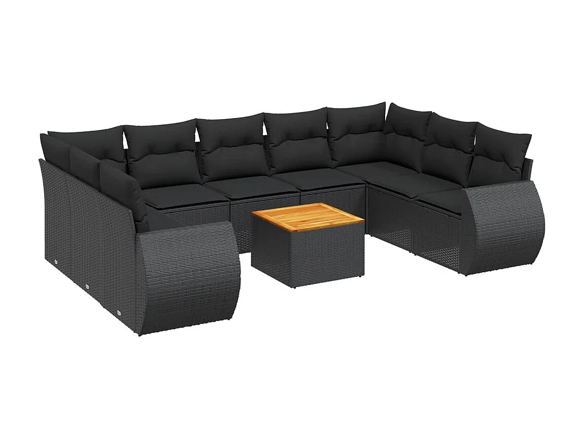 Salon de jardin 10 pcs avec coussins noir résine tressée