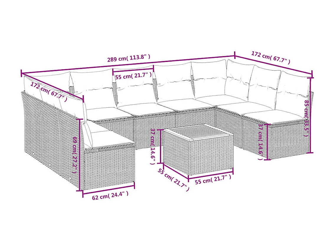 Salon de jardin 10 pcs avec coussins noir résine tressée