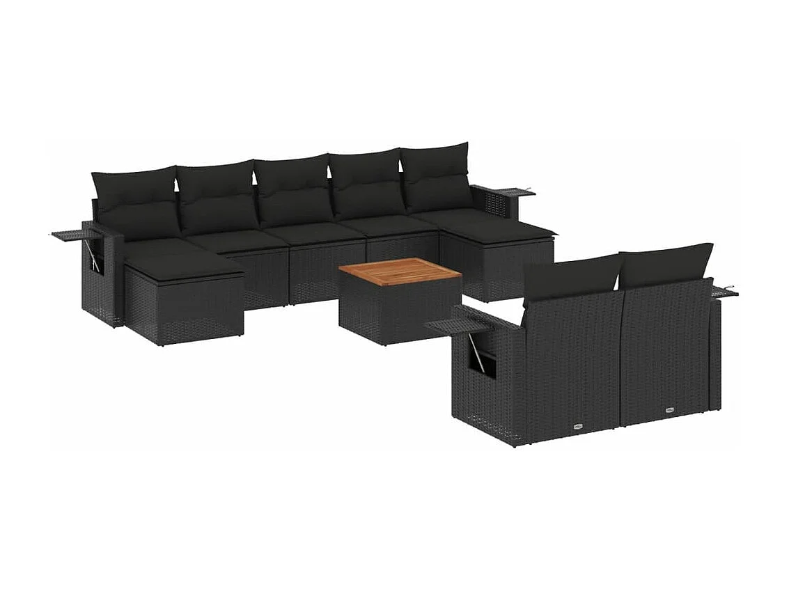 Salon de jardin 10 pcs avec coussins noir résine tressée