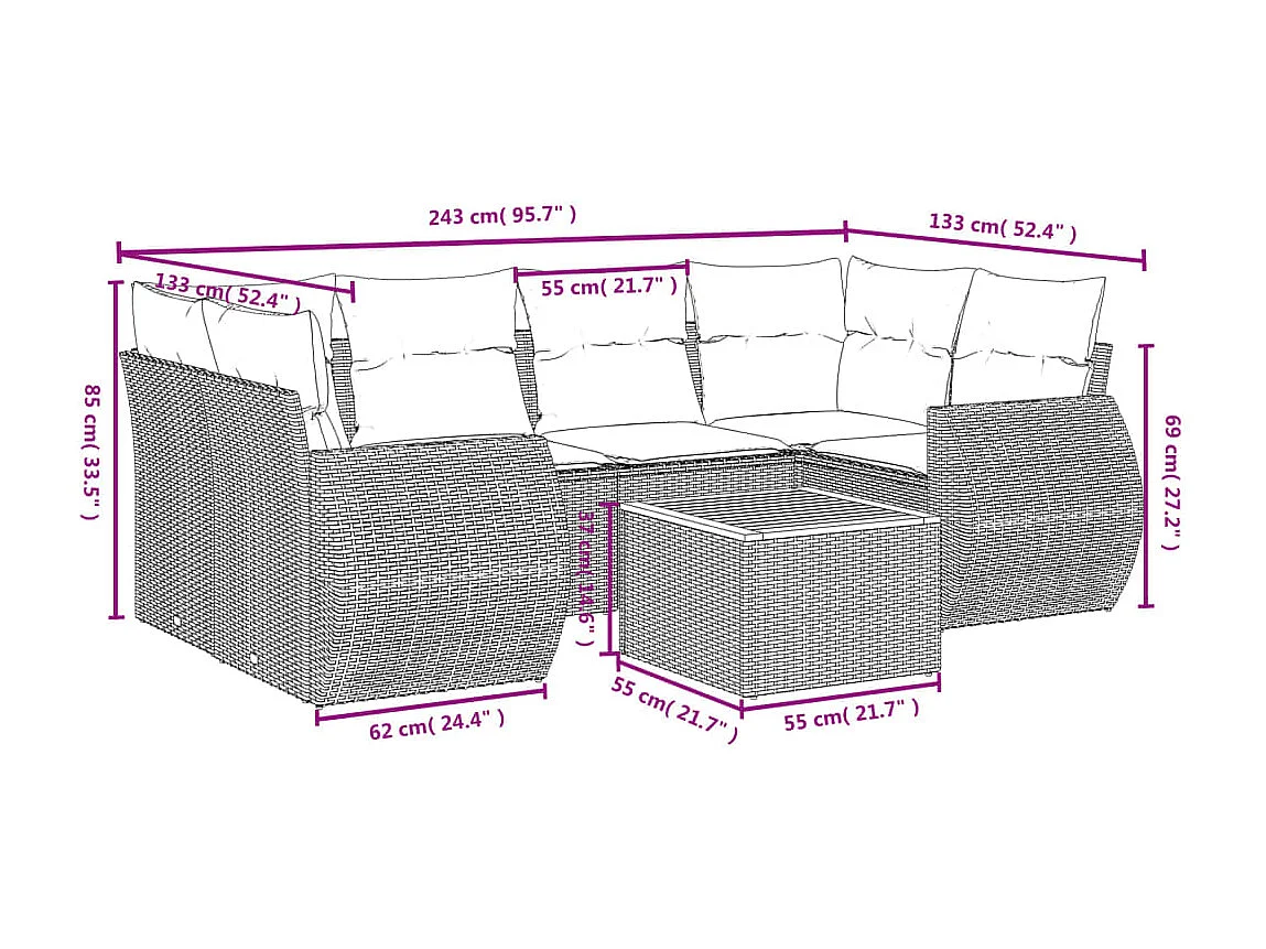 Salon de jardin avec coussins 7 pcs gris résine tressée