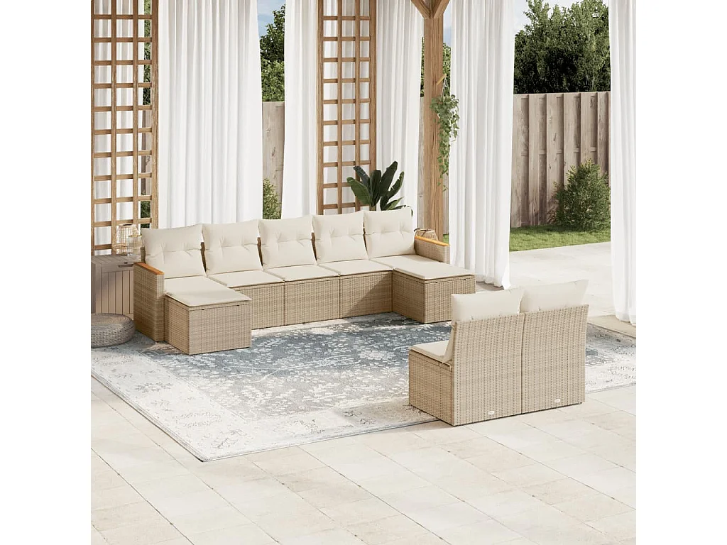 Salon de jardin avec coussins 9 pcs beige résine tressée