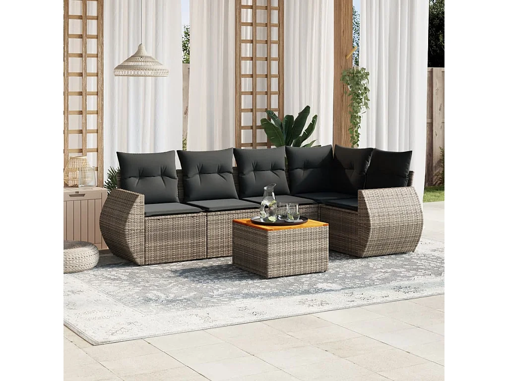 Salon de jardin 6 pcs avec coussins gris résine tressée