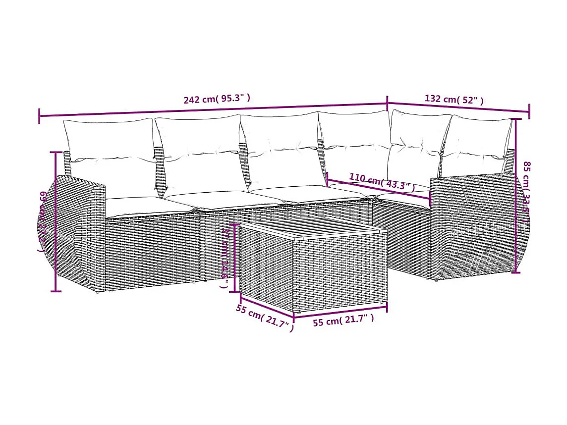 Salon de jardin 6 pcs avec coussins gris résine tressée