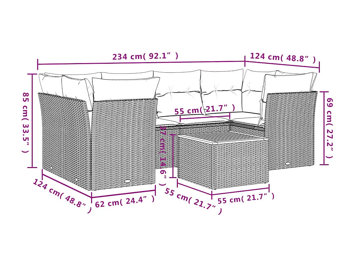 Salon de jardin avec coussins 7 pcs beige résine tressée
