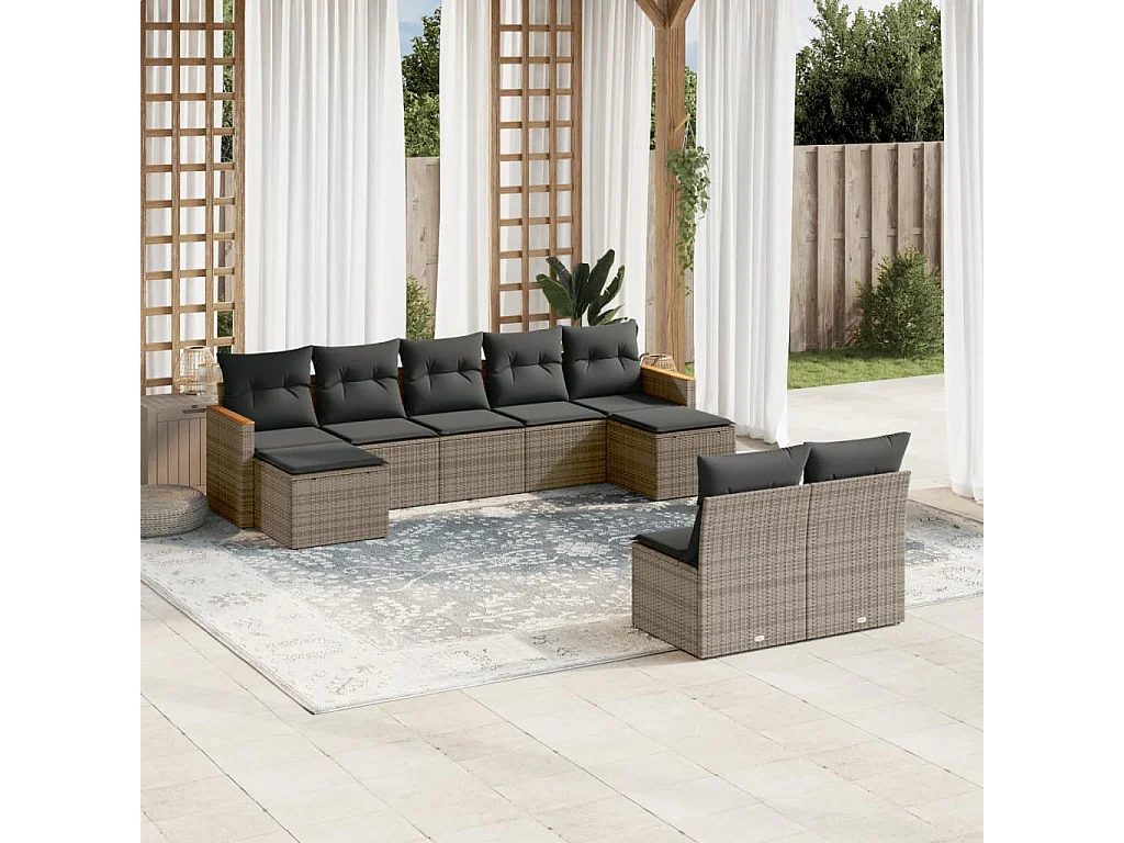 Salon de jardin 9 pcs avec coussins gris résine tressée