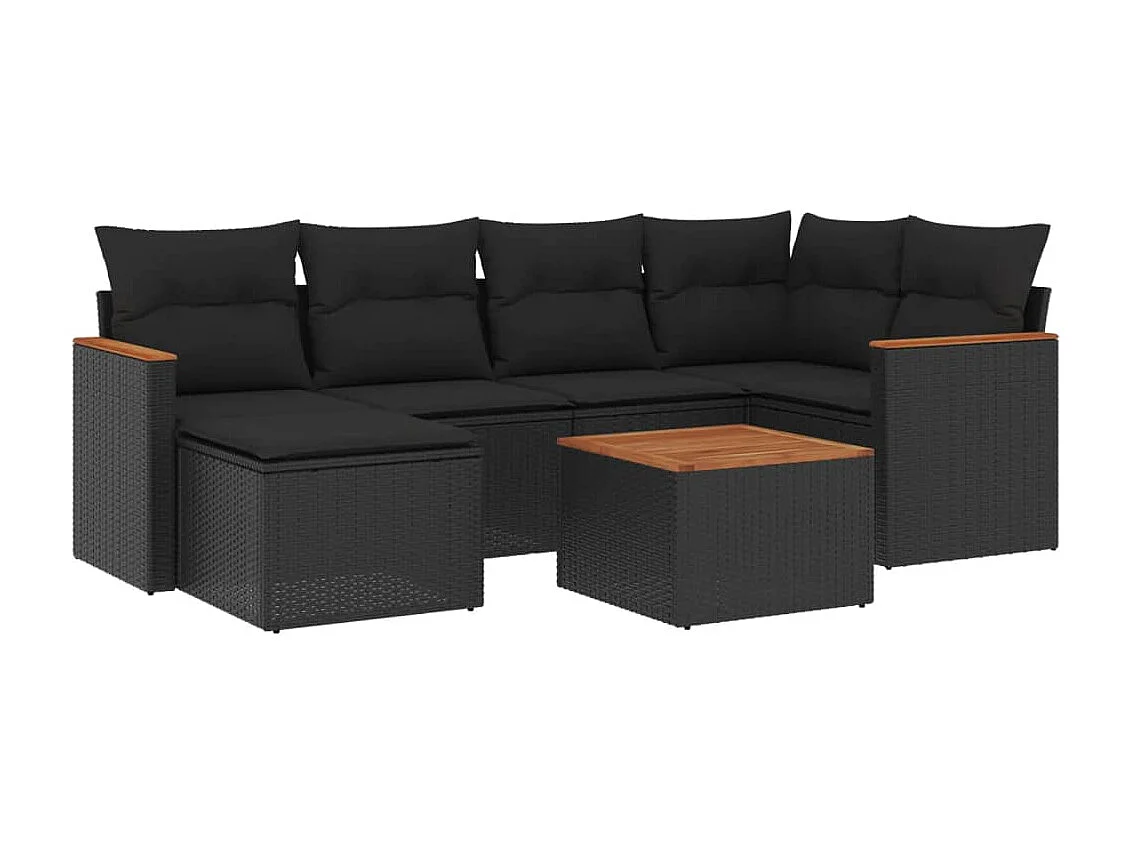 Salon de jardin 7 pcs avec coussins noir résine tressée
