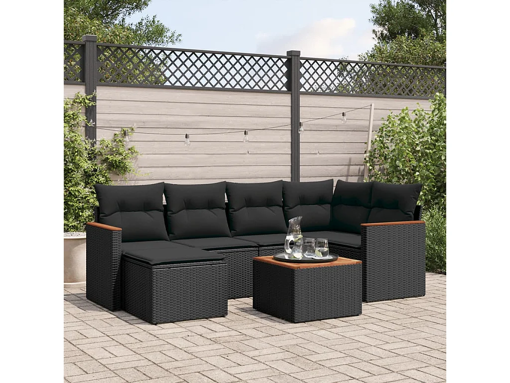 Salon de jardin 7 pcs avec coussins noir résine tressée