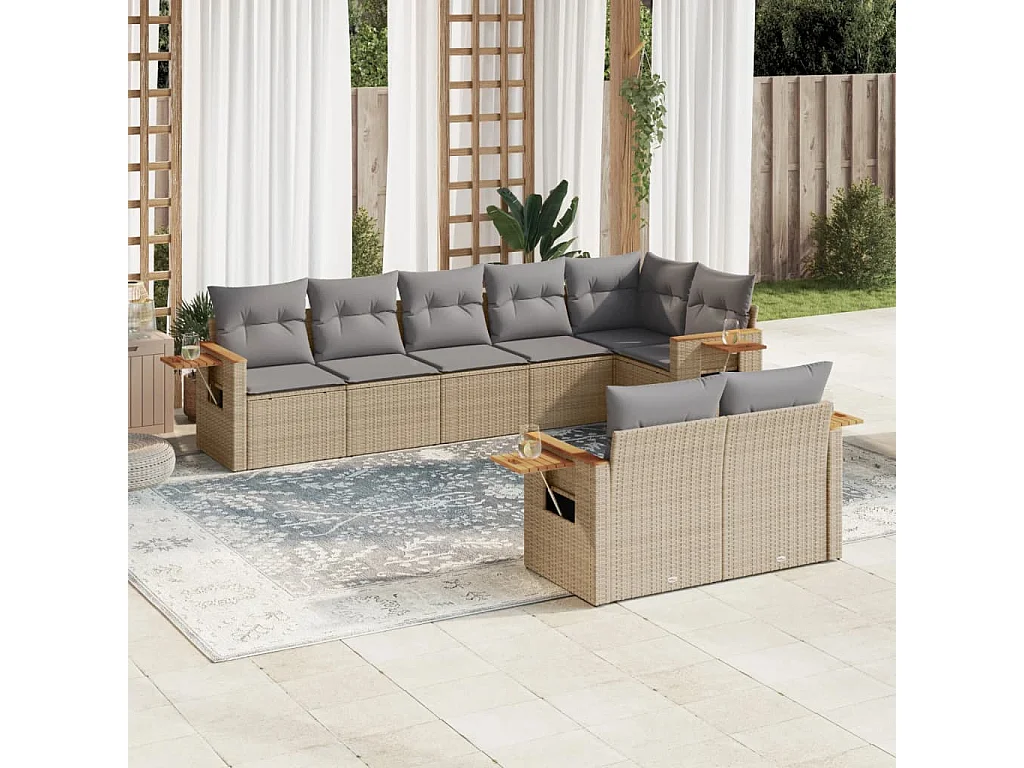Salon de jardin avec coussins 8 pcs beige résine tressée