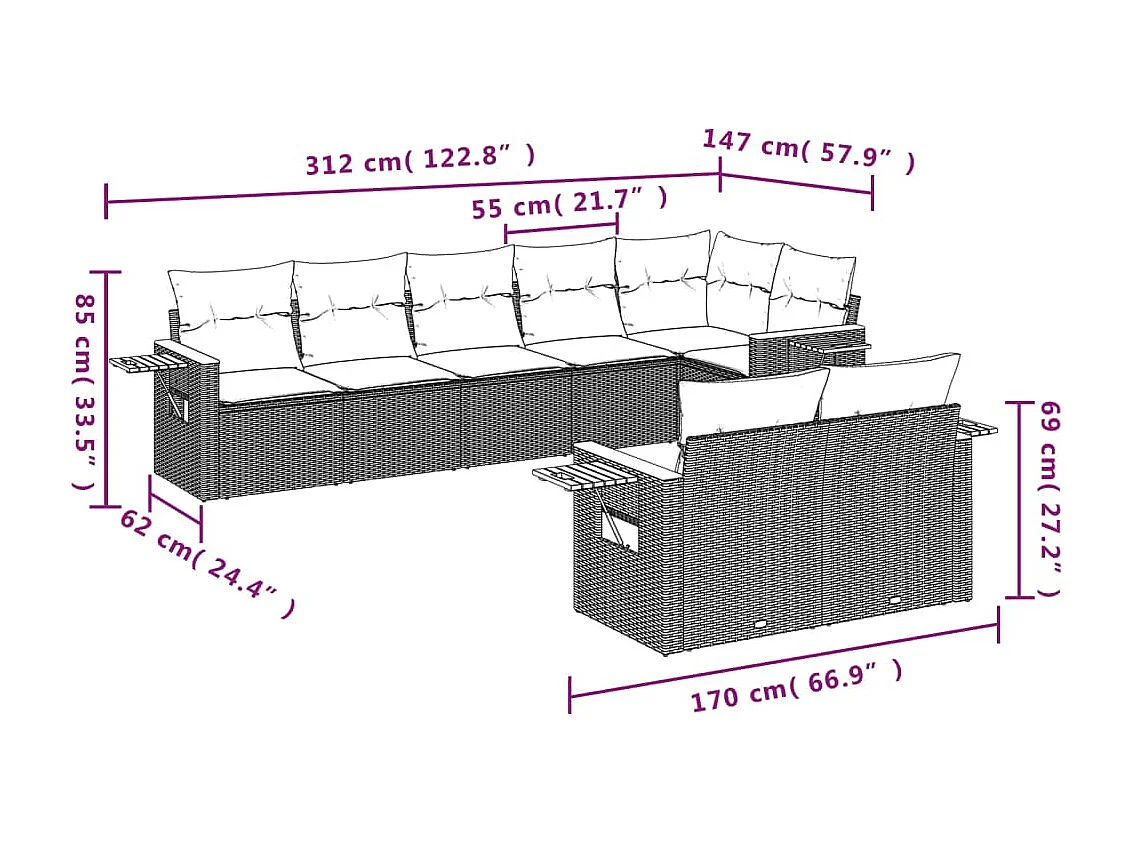 Salon de jardin avec coussins 8 pcs beige résine tressée