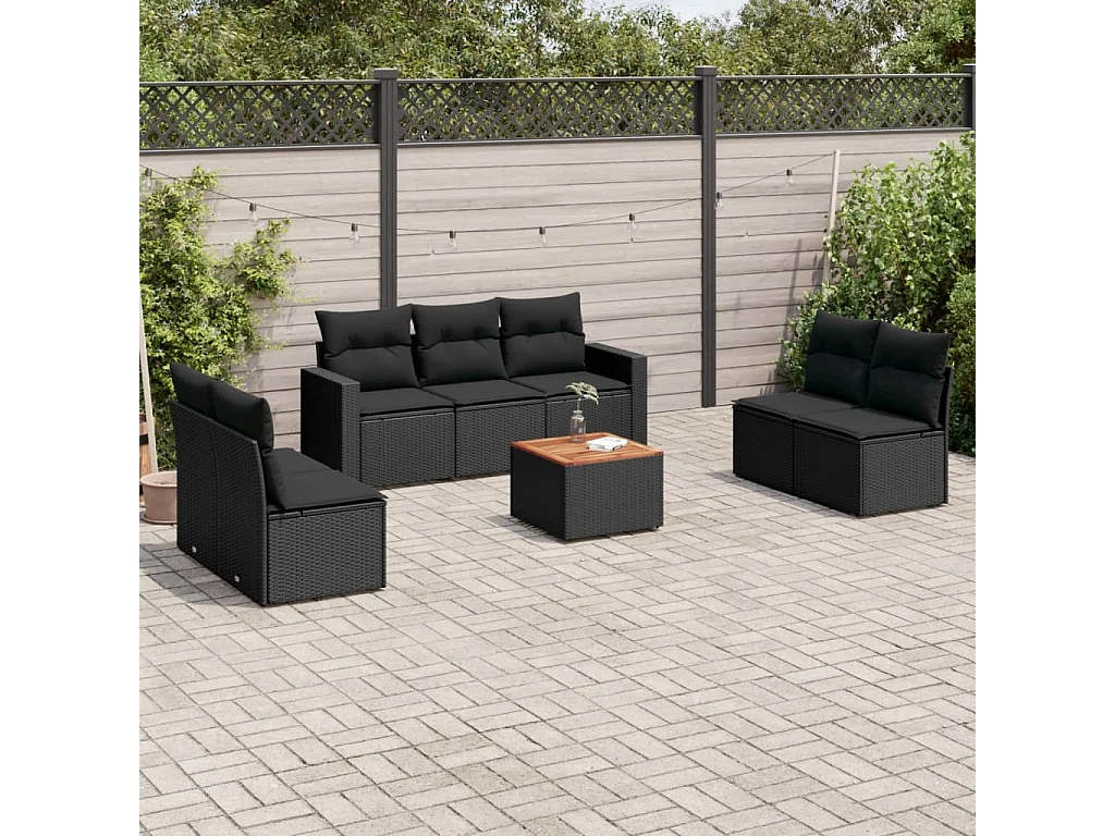 Salon de jardin 8 pcs avec coussins noir résine tressée
