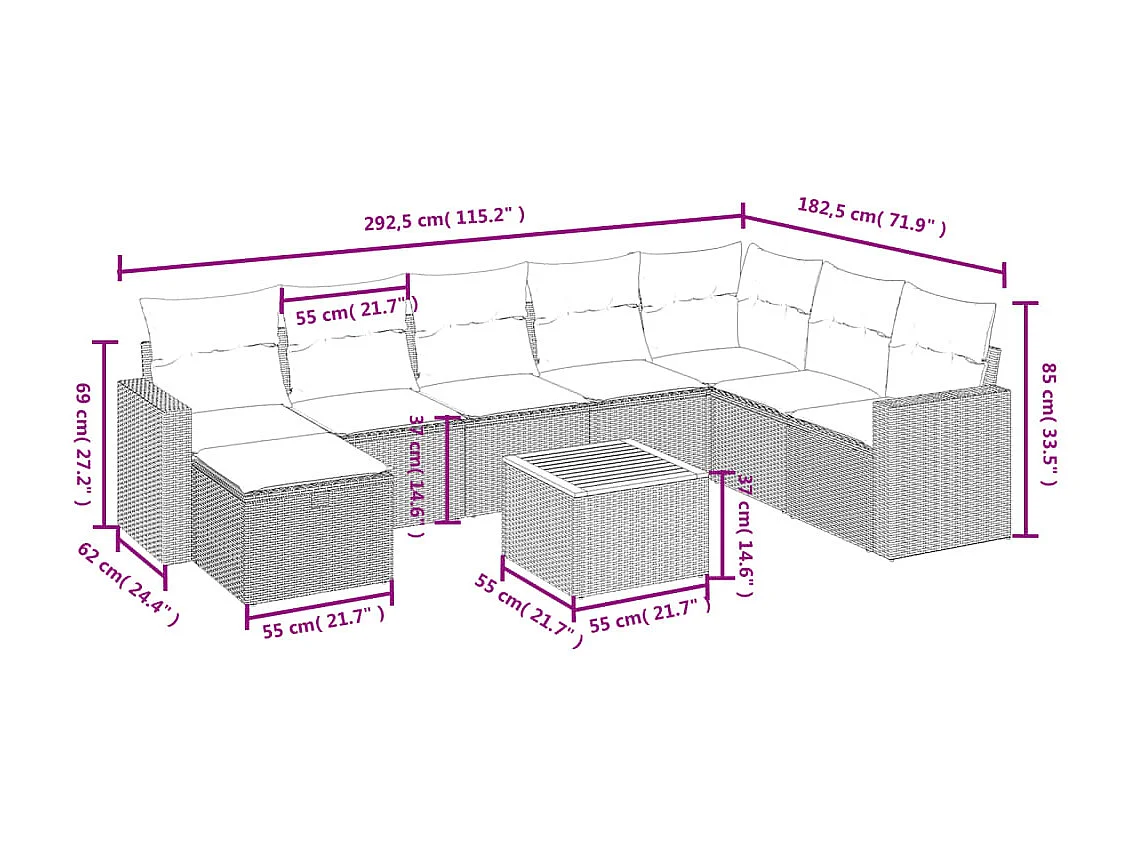Salon de jardin 9 pcs avec coussins noir résine tressée