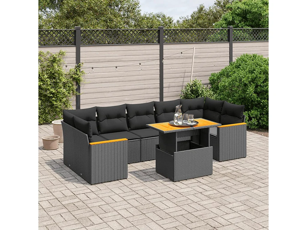 Salon de jardin 8 pcs avec coussins noir résine tressée