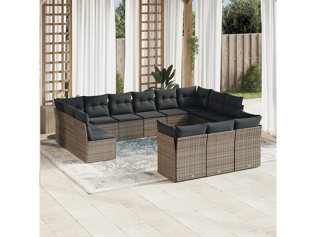Salon de jardin avec coussins 13 pcs gris résine tressée
