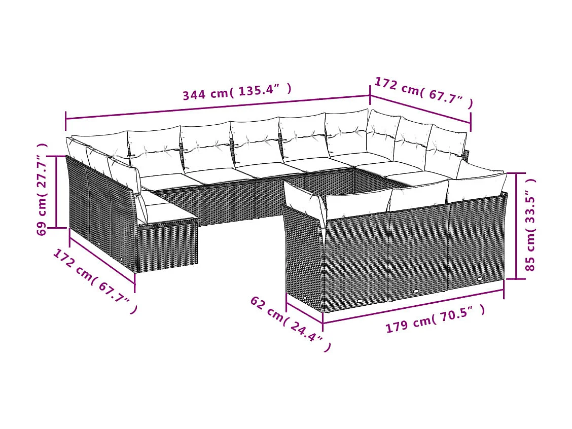 Salon de jardin avec coussins 13 pcs gris résine tressée