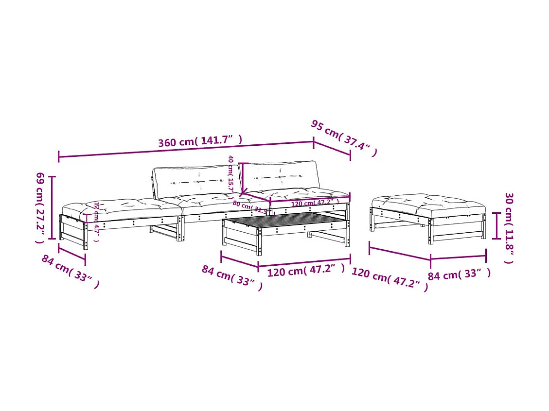 Salon de jardin 5 pcs avec coussins bois massif douglas