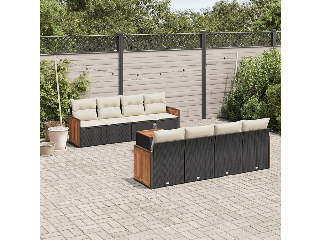 Salon de jardin 9 pcs avec coussins noir résine tressée