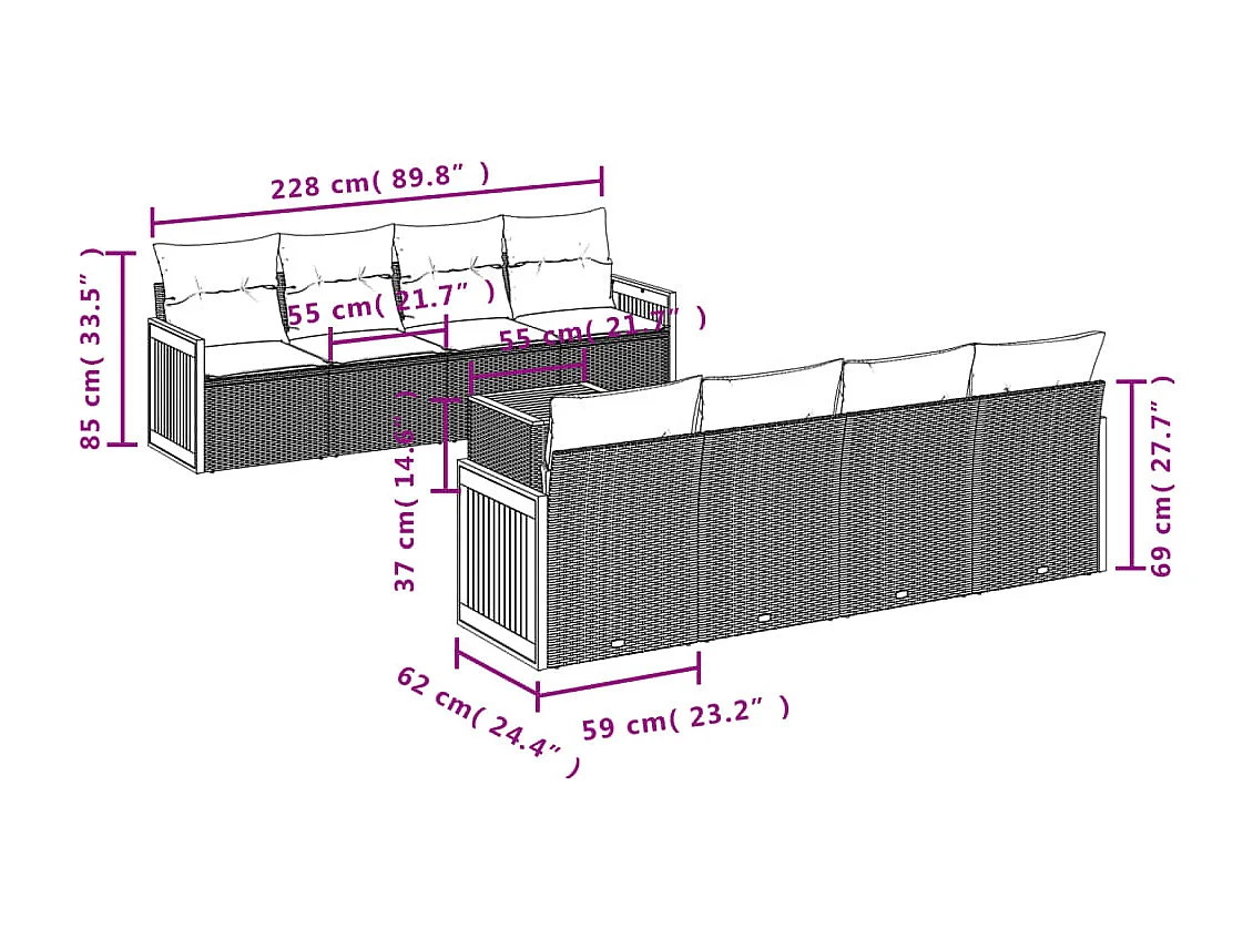 Salon de jardin 9 pcs avec coussins noir résine tressée