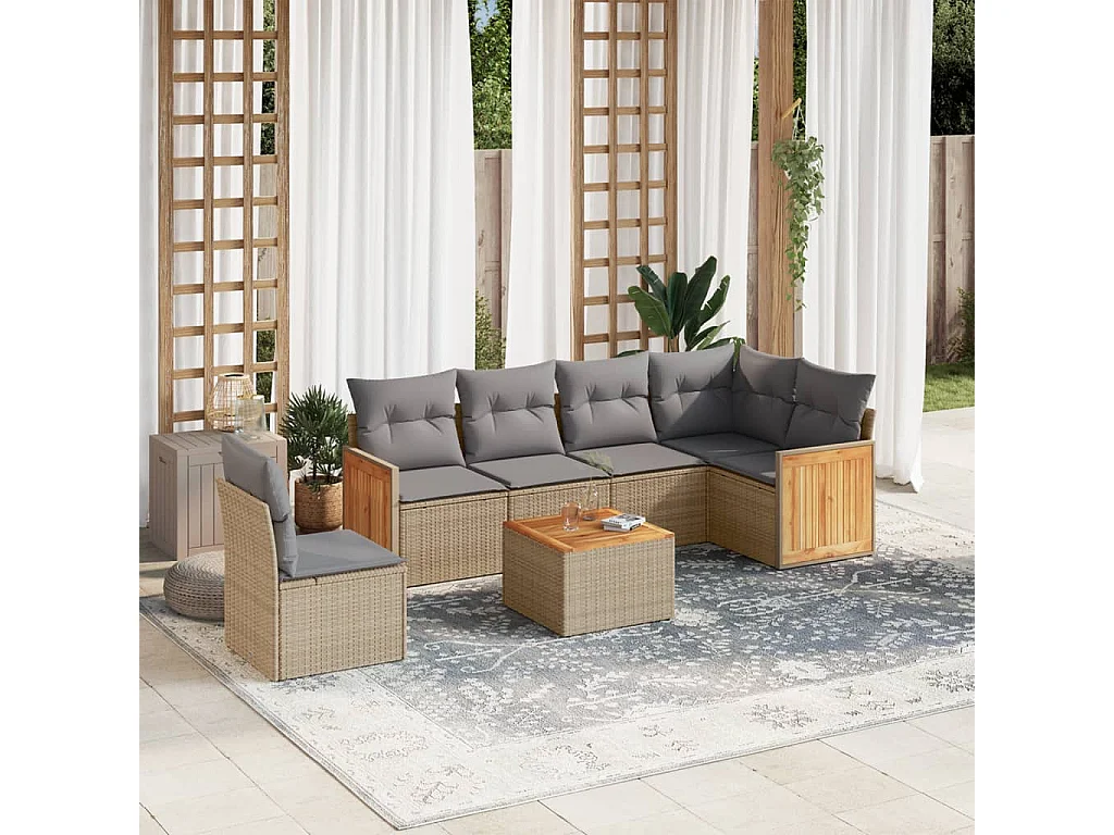 Salon de jardin avec coussins 7 pcs beige résine tressée