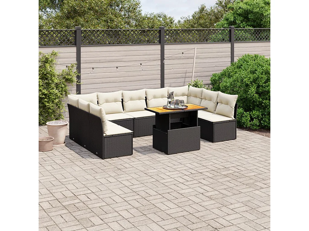Salon de jardin 10 pcs avec coussins noir résine tressée