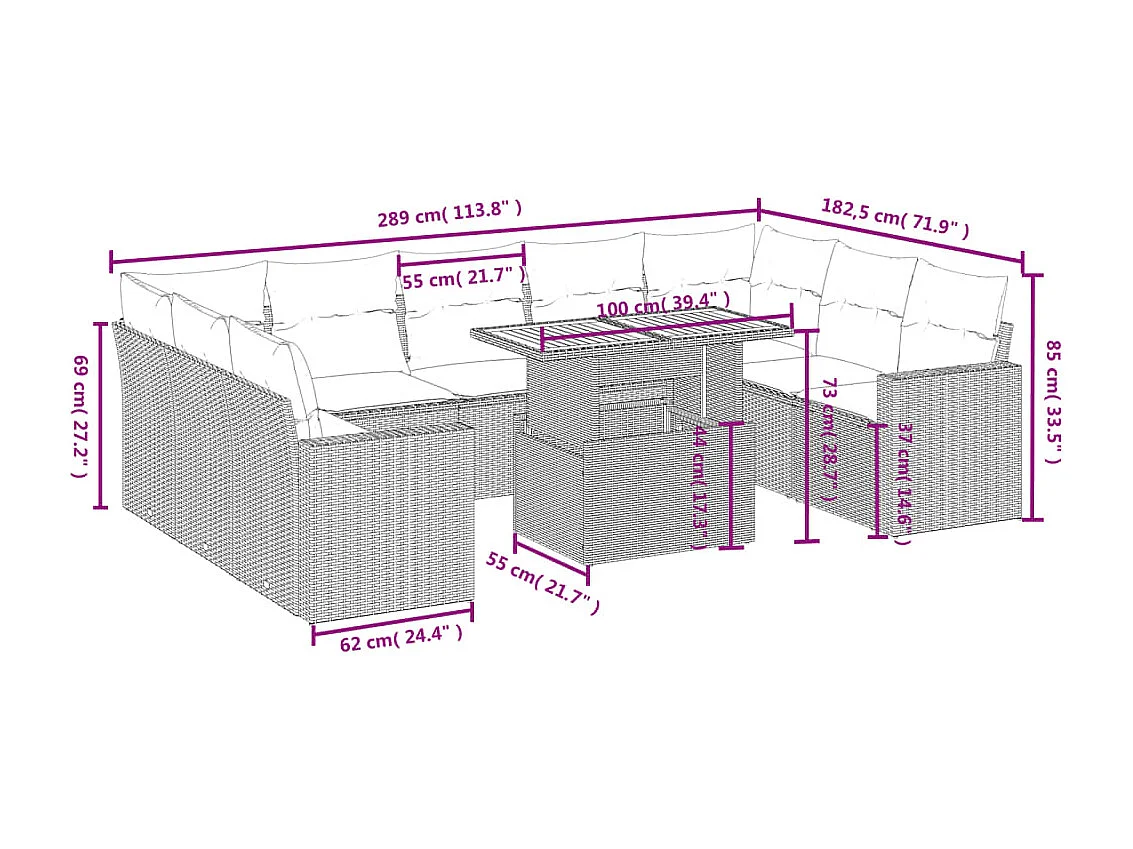 Salon de jardin 10 pcs avec coussins noir résine tressée