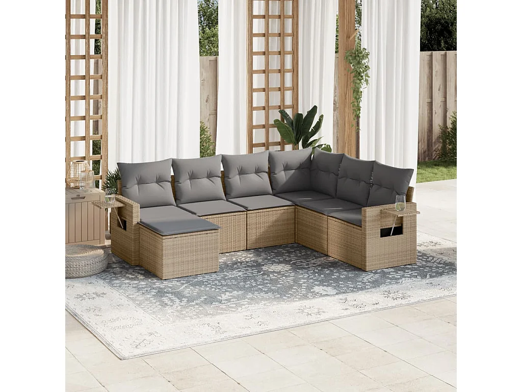 Salon de jardin avec coussins 7 pcs beige résine tressée