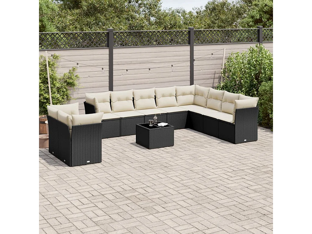 Salon de jardin 11 pcs avec coussins noir résine tressée