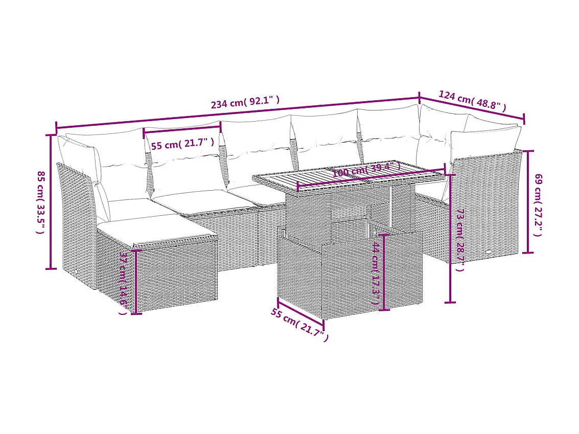 Salon de jardin 8 pcs avec coussins noir résine tressée