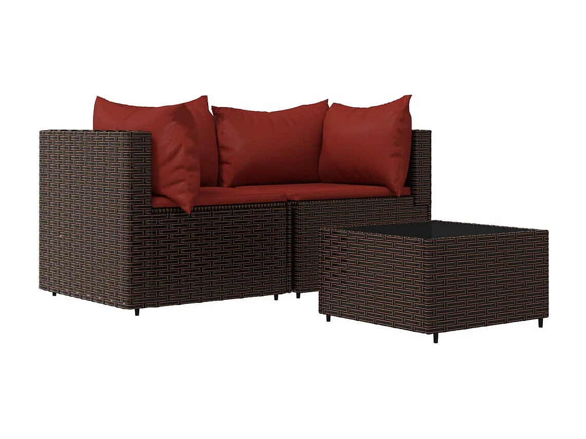 Salon de jardin 3 pcs avec coussins marron résine tressée