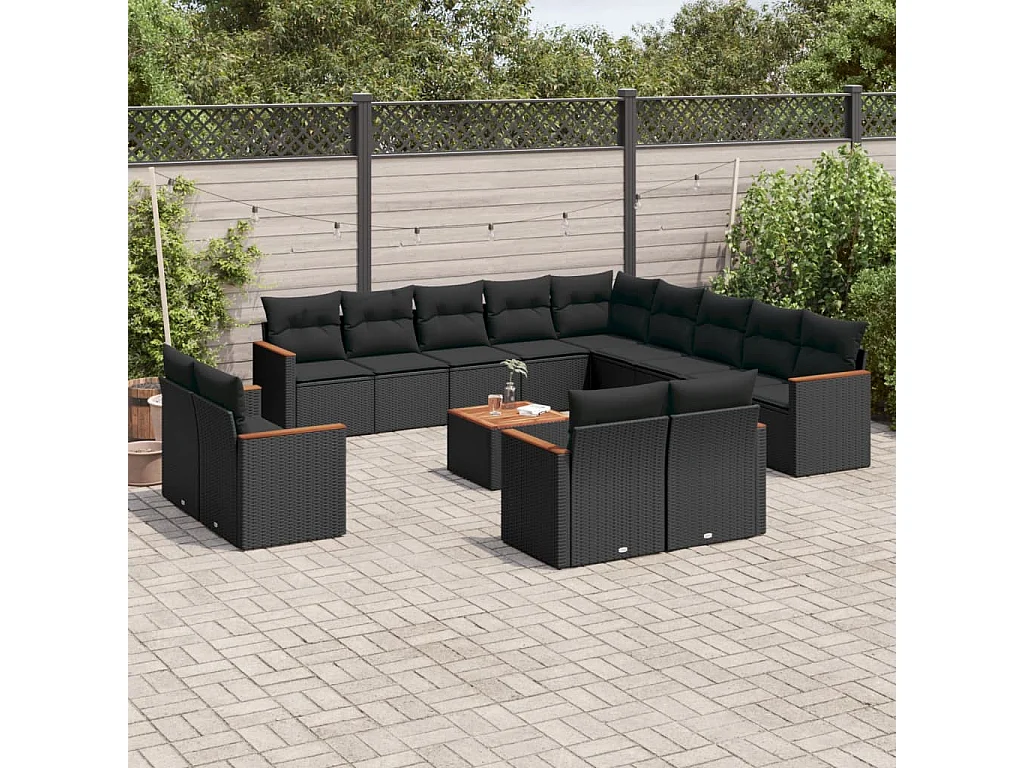 Salon de jardin avec coussins 14 pcs noir résine tressée