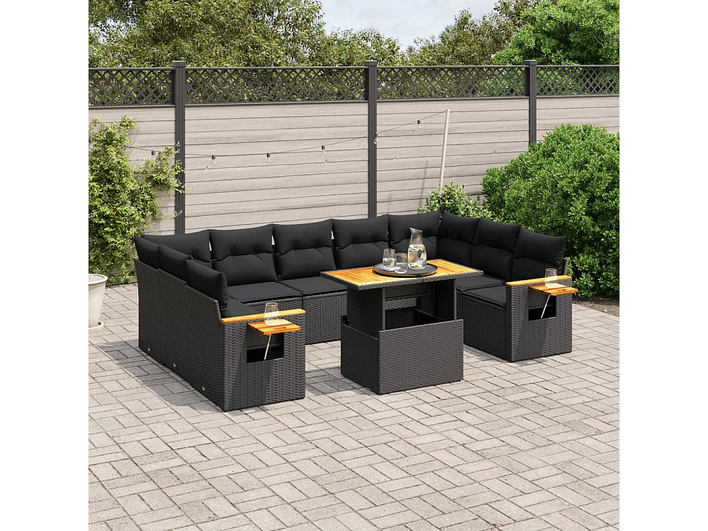 Salon de jardin 10 pcs avec coussins noir résine tressée