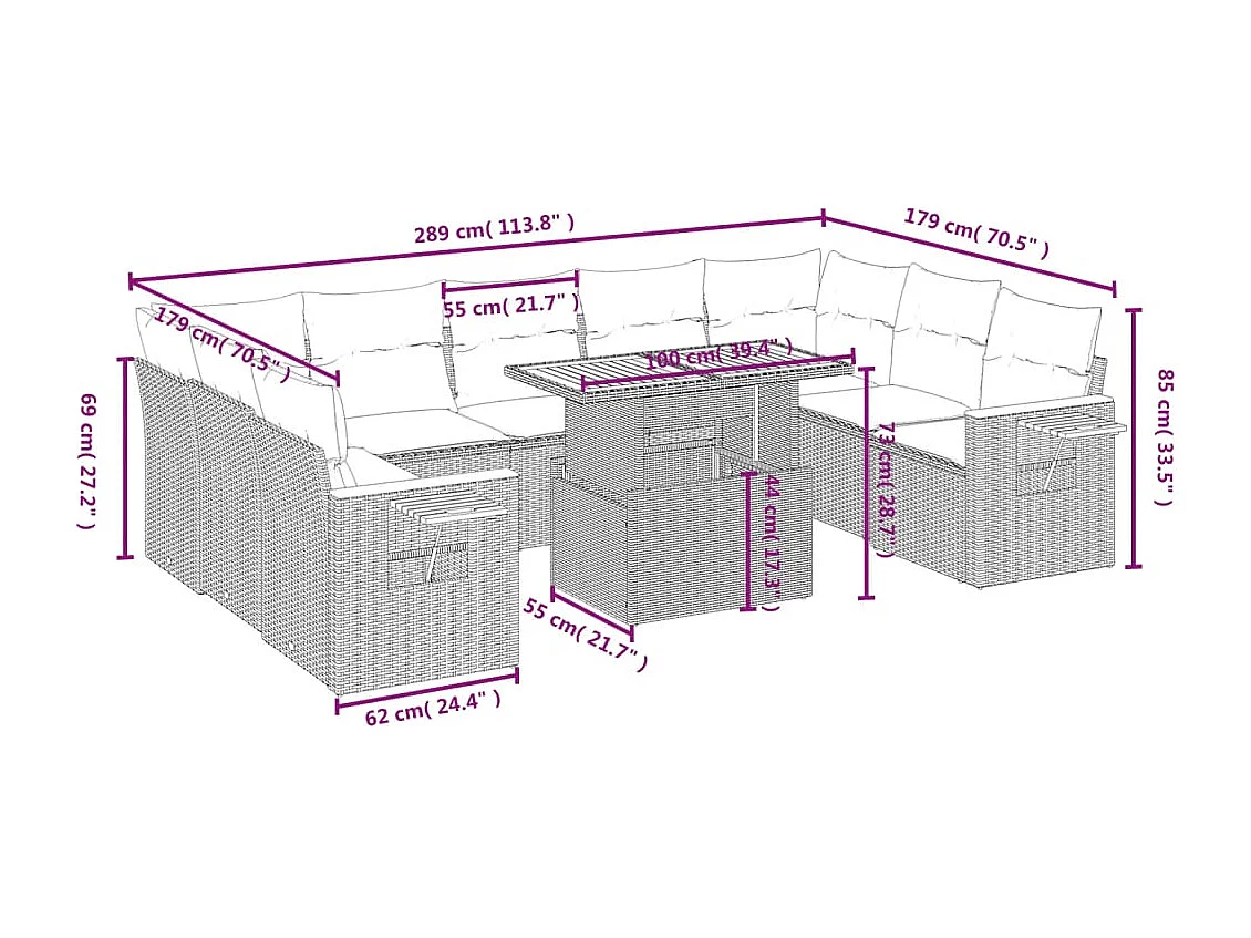 Salon de jardin 10 pcs avec coussins noir résine tressée