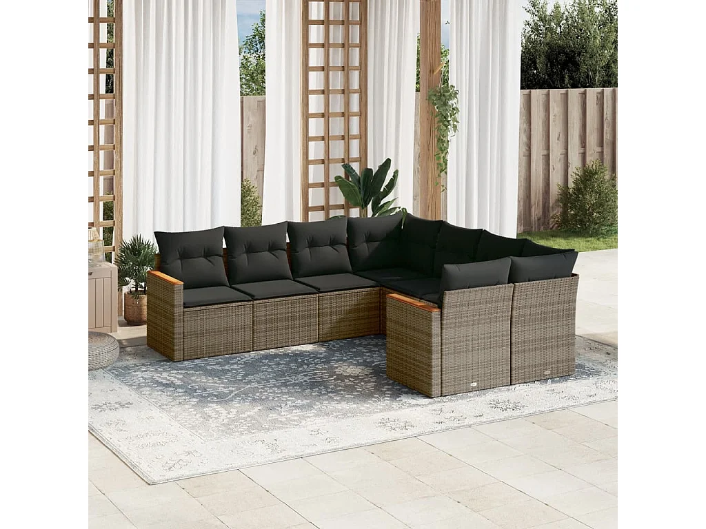 Salon de jardin 8 pcs avec coussins gris résine tressée