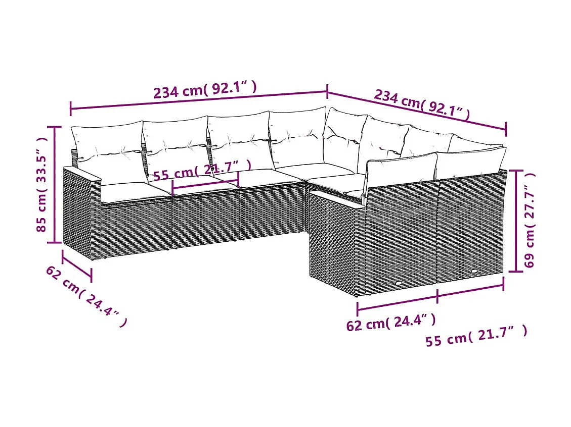 Salon de jardin 8 pcs avec coussins gris résine tressée