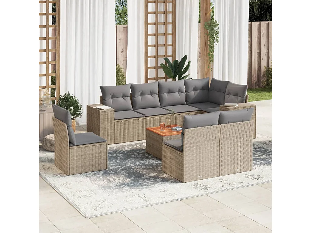 Salon de jardin avec coussins 9 pcs beige résine tressée