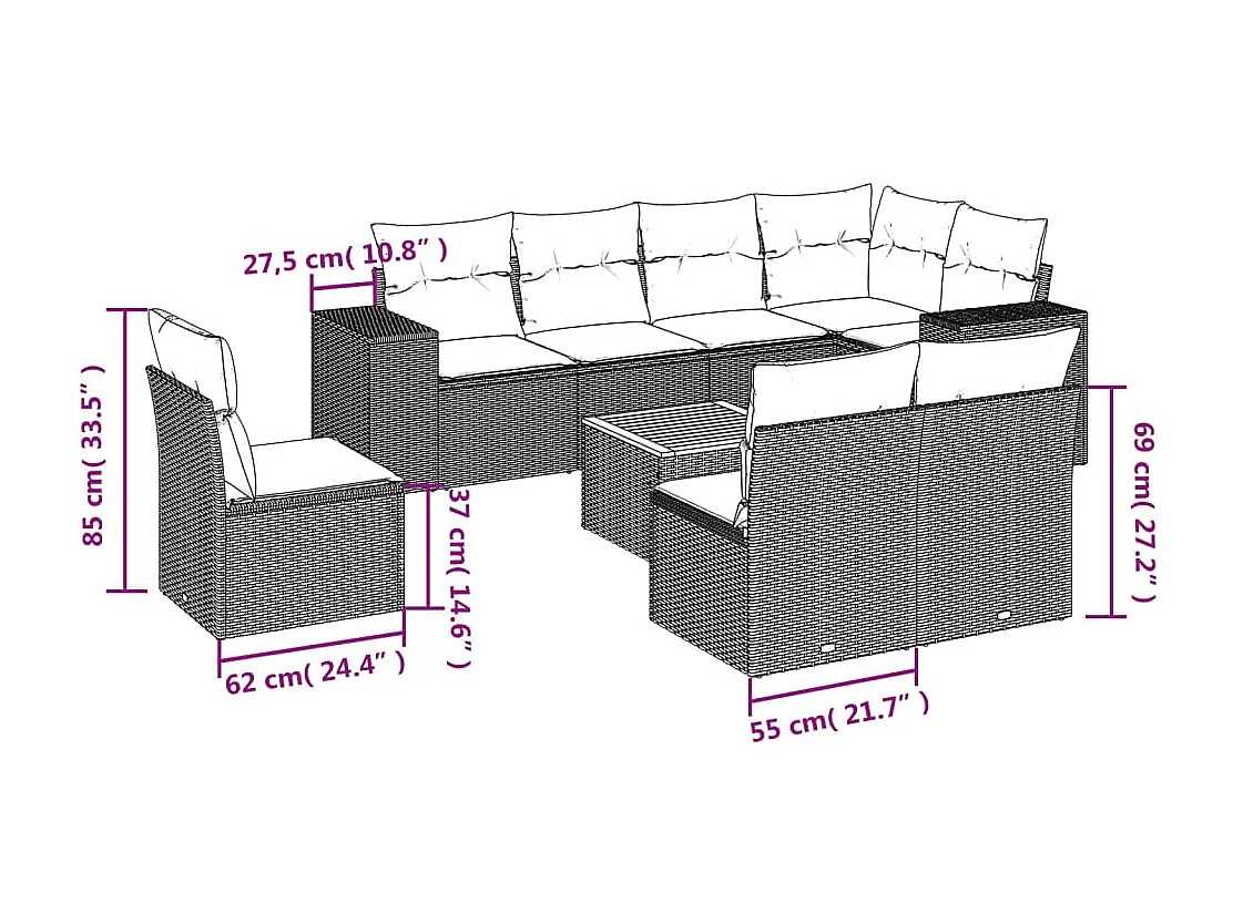 Salon de jardin avec coussins 9 pcs beige résine tressée