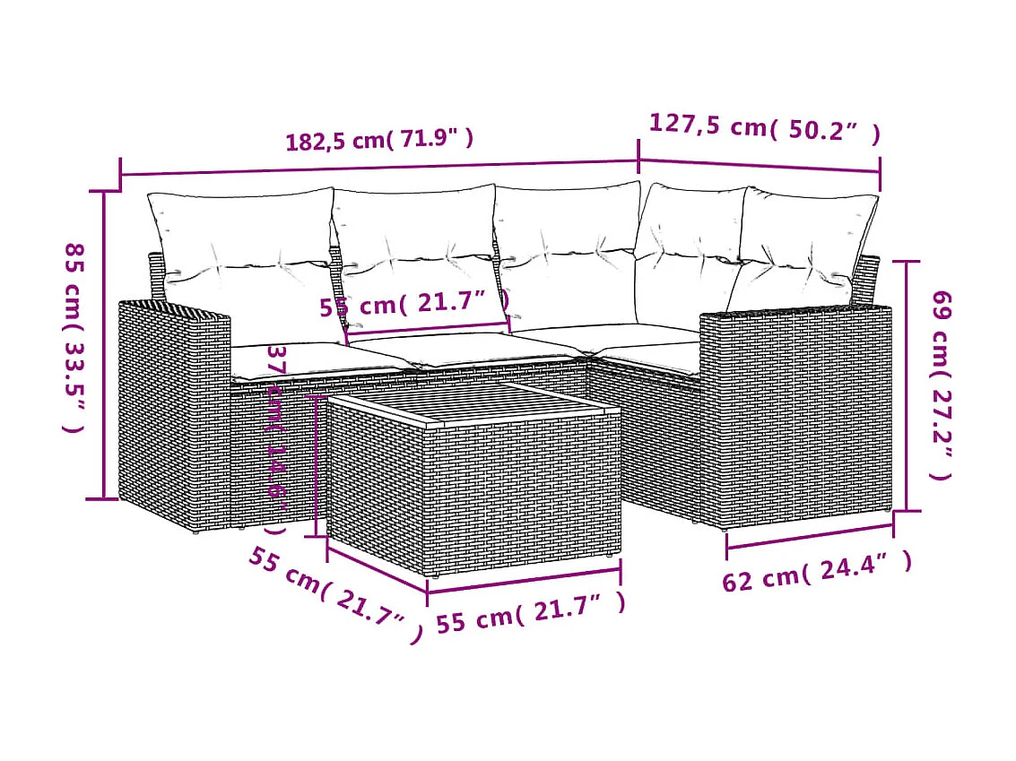 Salon de jardin avec coussins 5 pcs beige résine tressée