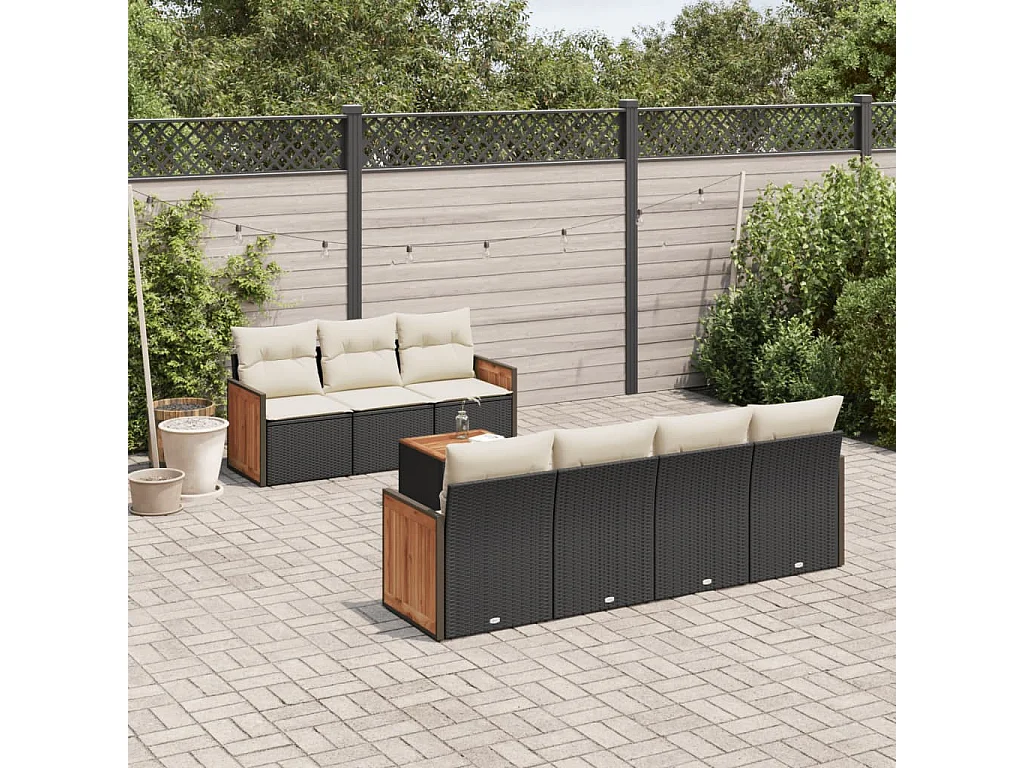 Salon de jardin 8 pcs avec coussins noir résine tressée