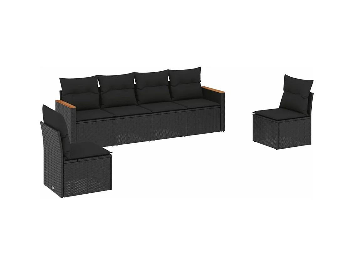 Salon de jardin 6 pcs avec coussins noir résine tressée
