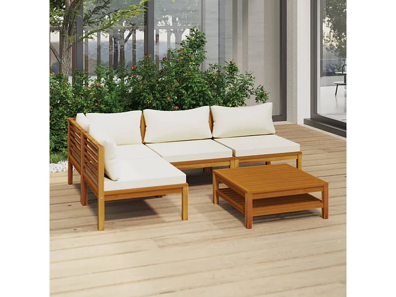 Salon de jardin 5 pcs avec coussin crème Bois d'acacia solide 2