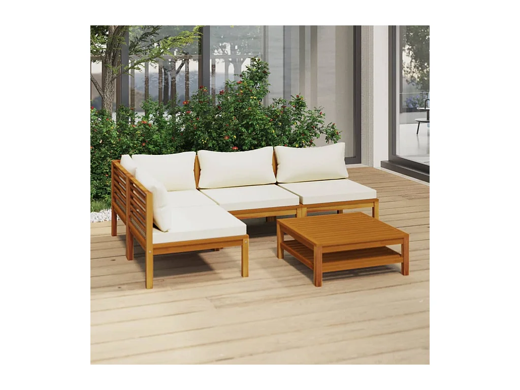 Salon de jardin 5 pcs avec coussin crème Bois d'acacia solide 2