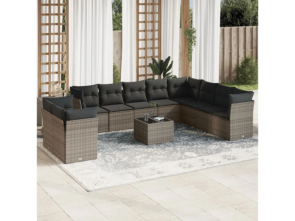 Salon de jardin 11 pcs avec coussins gris résine tressée